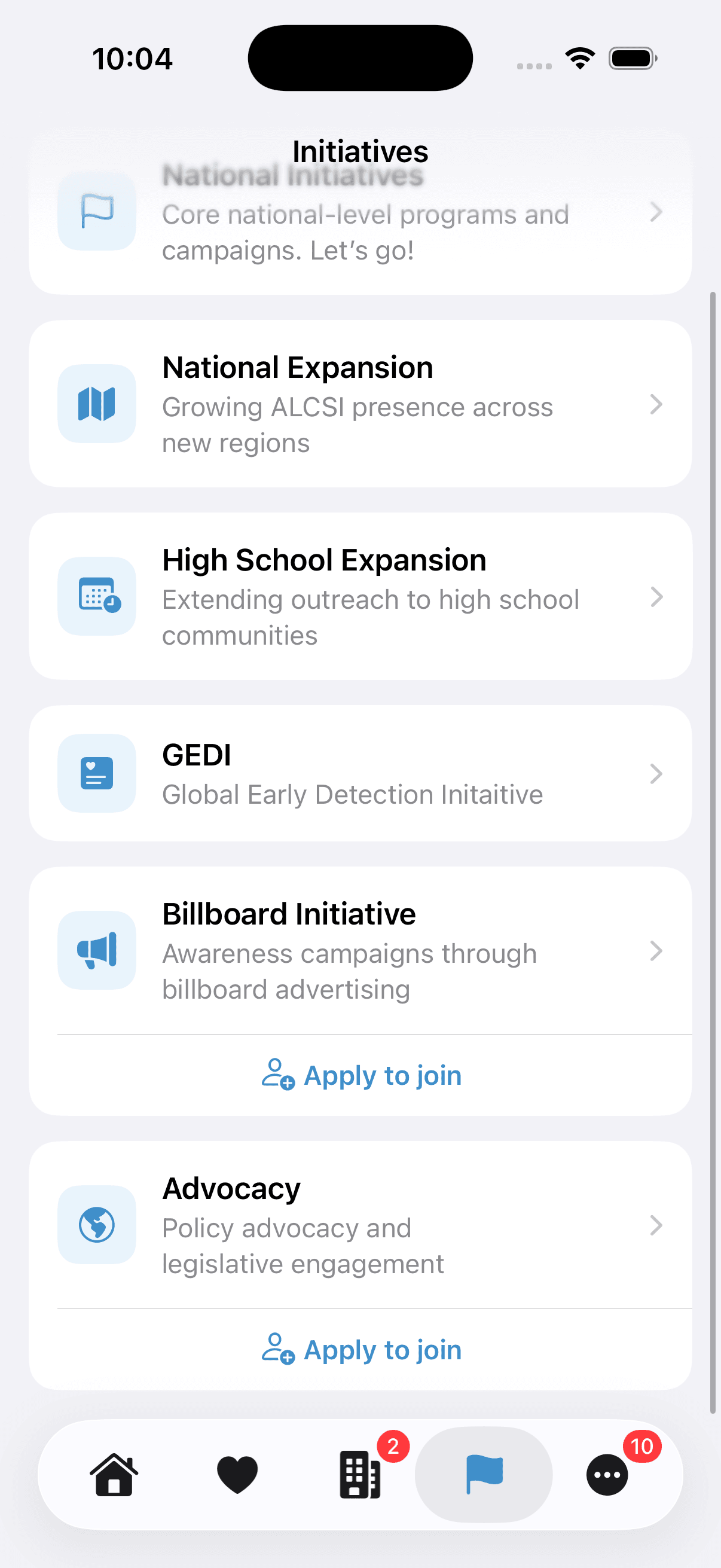 ALCSI Live initiatives screen